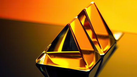 Golden pyramid on a black background. 3d render. Shallow depth of field.の素材