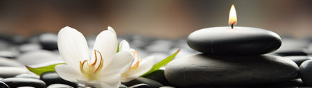 Spa stones with flower and candle on the pebbles.の素材