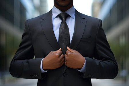 Close up of a businessman in a suit with his hands claspedの素材