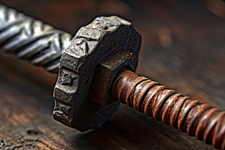Old rusty bolt and nut on a wooden background. Close-up.の素材