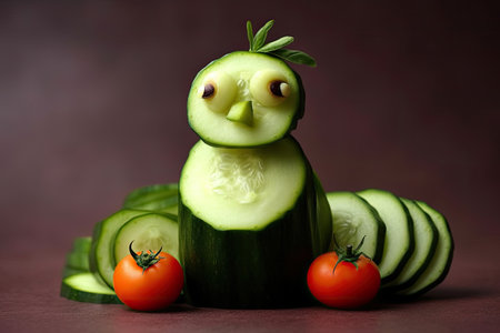 Cucumber and tomatoes in the form of an owl on a dark backgroundの素材