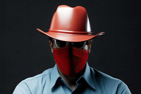 Portrait of a man wearing a red safety helmet and sunglasses.の素材