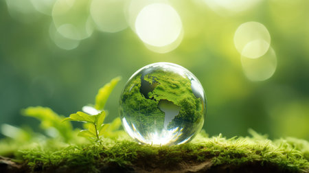 Ecology concept. Green planet in crystal ball on moss background.の素材