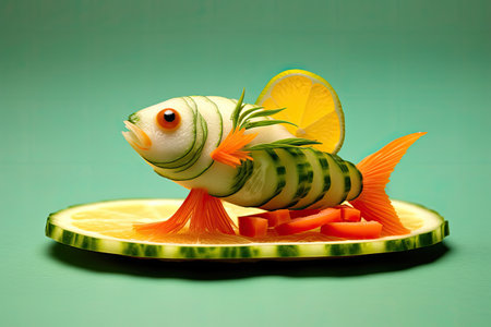 Fish made of lemon, cucumber and orange on a green backgroundの素材