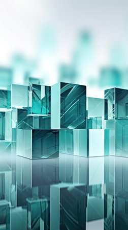 3d illustration of glass cubes with reflection on water surface, business conceptの素材
