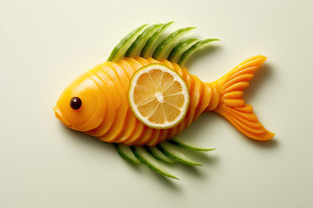 Funny fish made of melon and lemon slices on white backgroundの素材