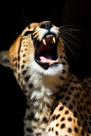 Close up of a cheetah showing teeth on black background.の素材
