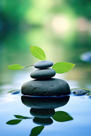 zen stones and green leaves on water with copyspace for your textの素材
