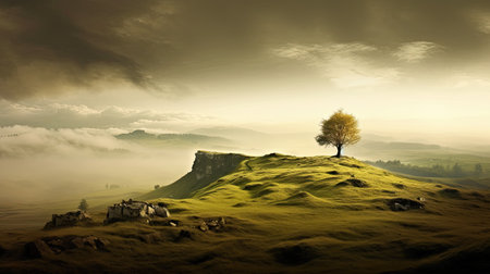Fantasy landscape. Lonely tree on the hill in foggy dayの素材