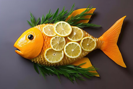 Fish with lemon and rosemary on a dark background, top viewの素材