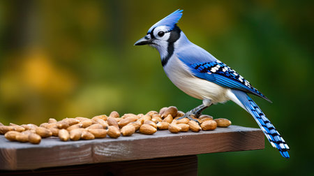 Blue jay sits on a bird feeder with peanuts in autumnの素材