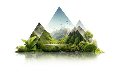 Ecology concept with mountains, trees and river on white background.の素材