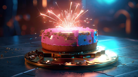Birthday cake with sparklers on dark background. 3D renderingの素材