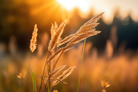 Close up of dry grass on sunset background. Beautiful nature background.の素材