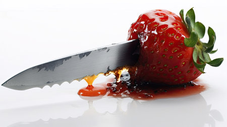 Strawberry and knife on a white background with a drop of bloodの素材