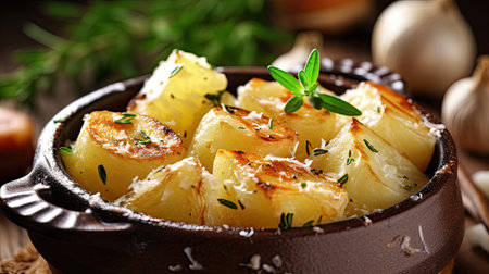 Potatoes baked with cheese and herbs in a bowl on the tableの素材