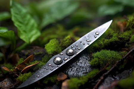 Fishing knife with water drops on green moss in the forest.の素材