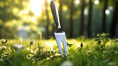 Knife on the grass in the garden. Selective focus.の素材