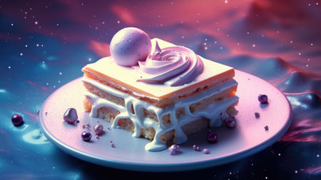 Piece of cake with pink cream on a plate with purple backgroundの素材