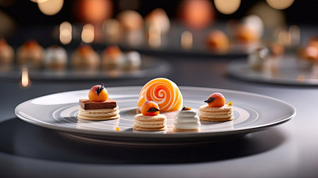 Tasty macaroons with candies on plate in dark roomの素材