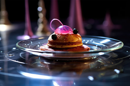 Pancakes with berry on a glass plate on a dark backgroundの素材