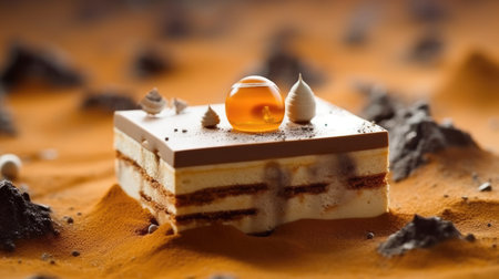 Cake with cream and chocolate on a orange background. Selective focus.の素材
