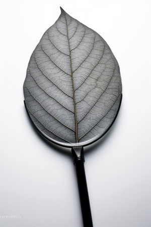 Leaf and magnifying glass on a white background. Close up.の素材