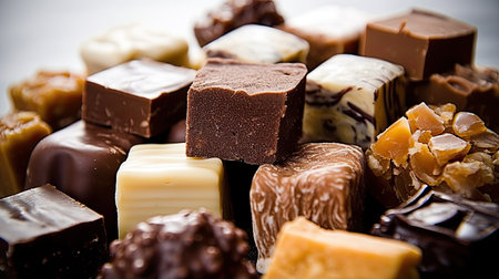 Assortment of chocolate candies on wooden background. Selective focusの素材