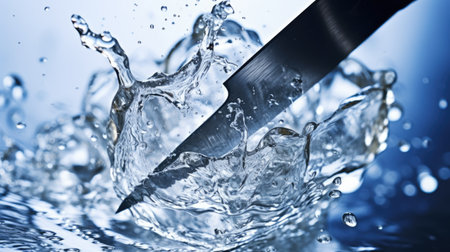 water splash with knife macro close up blue toned image for backgroundの素材