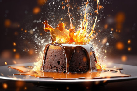 Piece of chocolate cake with splashes and drops on black backgroundの素材