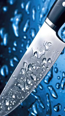 Close up of a stainless steel knife on blue background with water dropsの素材
