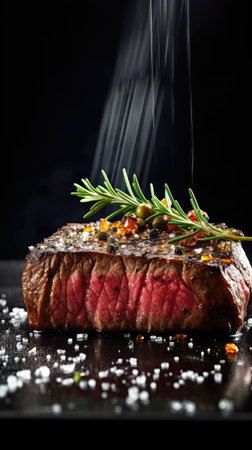 Grilled beef steak with spices and rosemary on a black backgroundの素材