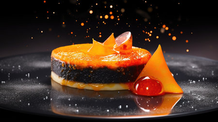 Piece of cake with orange and cherry on a black plate.の素材