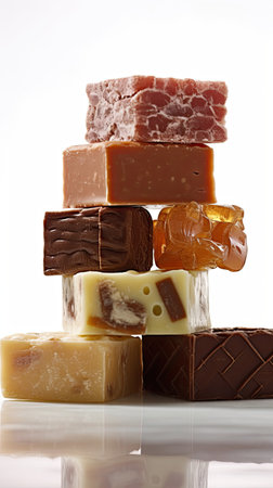 Variety of chocolate candies on a white background with reflection.の素材