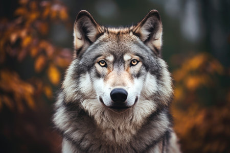 Portrait of a gray wolf in the autumn forest. Wild animal.の素材