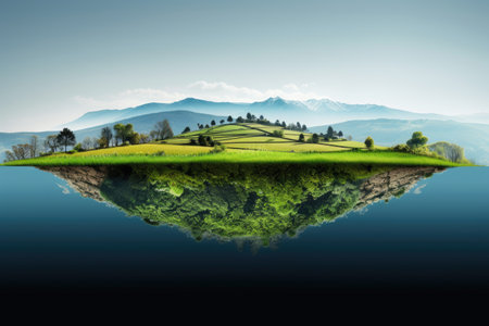 Landscape with mountains and lake with reflection in water. 3d renderingの素材