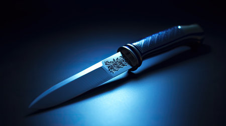 Knife in blue light close-up. Selective focus.の素材
