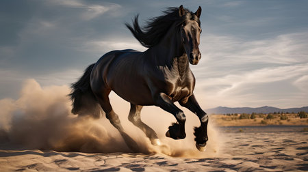 Beautiful black stallion galloping in the desert at sunset.の素材
