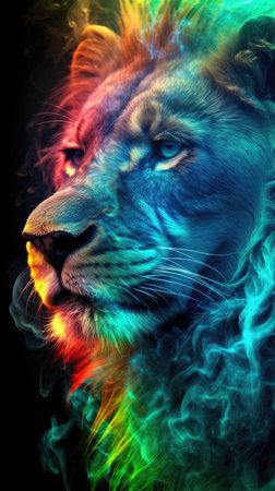 Lion portrait with multicolored smoke on a black background.の素材