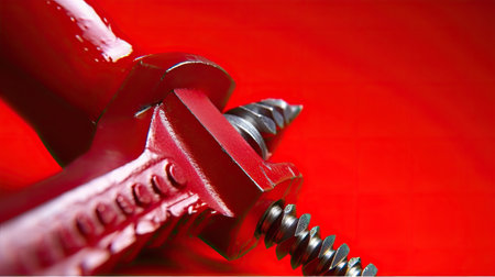 Close-up of a red adjustable spanner on a red backgroundの素材