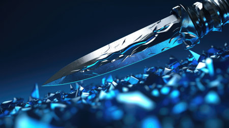 3d illustration of knife over blue background with broken glass surface.の素材