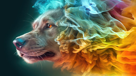 Portrait of a dog with a colorful smoke on a black backgroundの素材