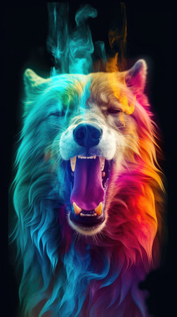 Funny portrait of a dog with colorful smoke on a black backgroundの素材