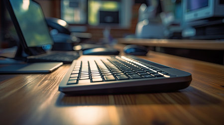 Closeup of computer keyboard on a wooden table in a modern officeの素材