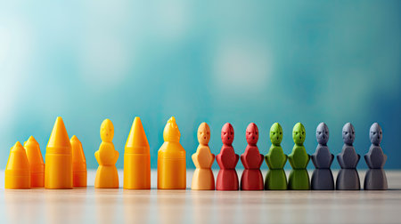 Leadership concept. Group of multicolored plasticine figures on blue backgroundの素材