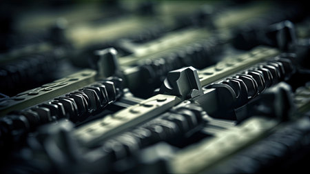 Close-up of military machine gun, conceptual image. Selective focus.の素材