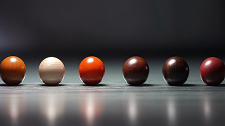 Wooden balls arranged in a row on a dark background, business conceptの素材