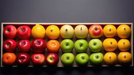 Colorful apples and lemons in a wooden box on a black backgroundの素材