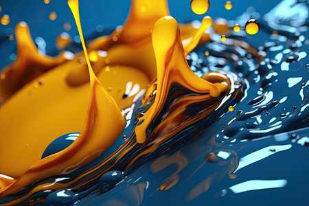 Splash of orange liquid on a blue background. 3d renderingの素材