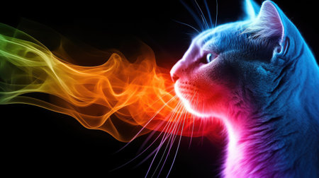 Portrait of a cat with colorful smoke on a black background.の素材